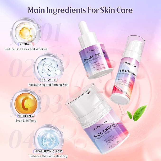 Ofanyia Collagen Retinol Skincare Set, 6 Pcs Anti-Aging Skin Care Set with Hydrating Cleanser, Eye Cream, Toner, Cream & Lip Mask, Facial Kit for Women, Christmas Valentines Birthday Gift for Her