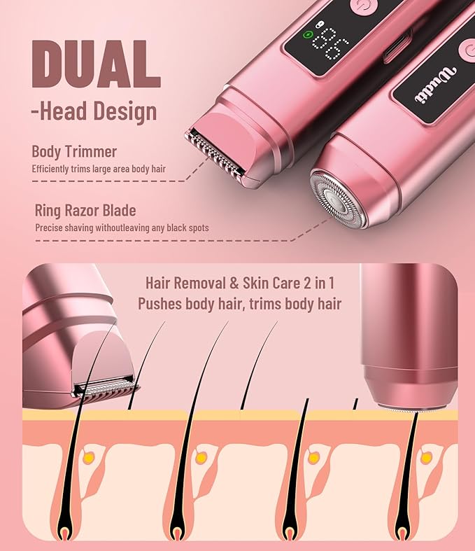 Lady Shaver & Trimmer Set - Electric Bikini/Body Razor with Dual Heads | IPX6 Waterproof, LED Screen, Rechargeable for Legs/Underarm