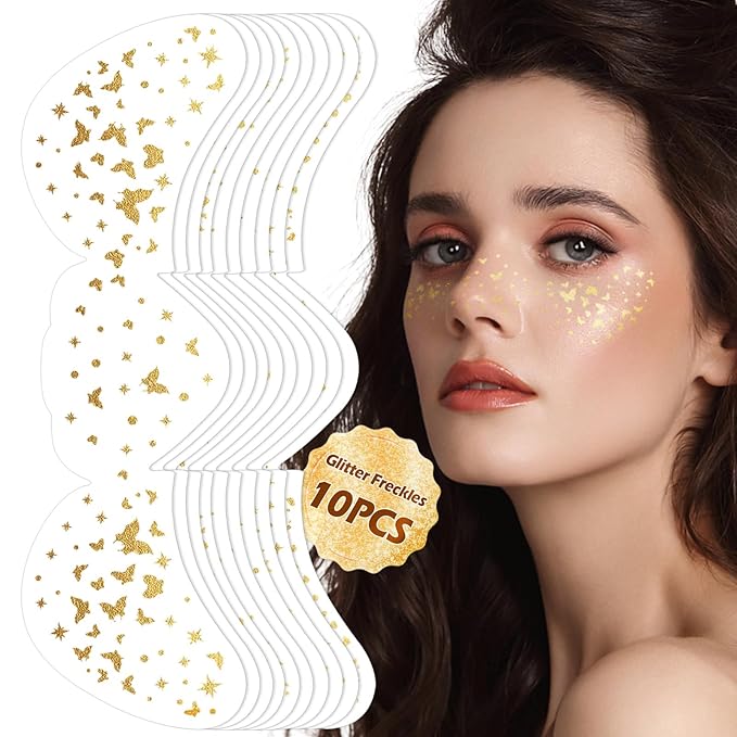 10 Sheets Glitter Freckle Tattoos, Gold Glitter Speckles Face Makeup, Eyes Makeup Accessories Temporary Tattoo for Women and Girls, Cosmetic Freckle for Face