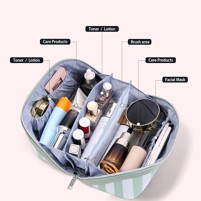 BOYATU Travel Makeup Bag for Women: Large Cosmetic Bag Set of 3 - PU Leather Make up Bag with Compartments - Compact Waterproof Toiletry Bag with Divider & Handle (A-05Green)