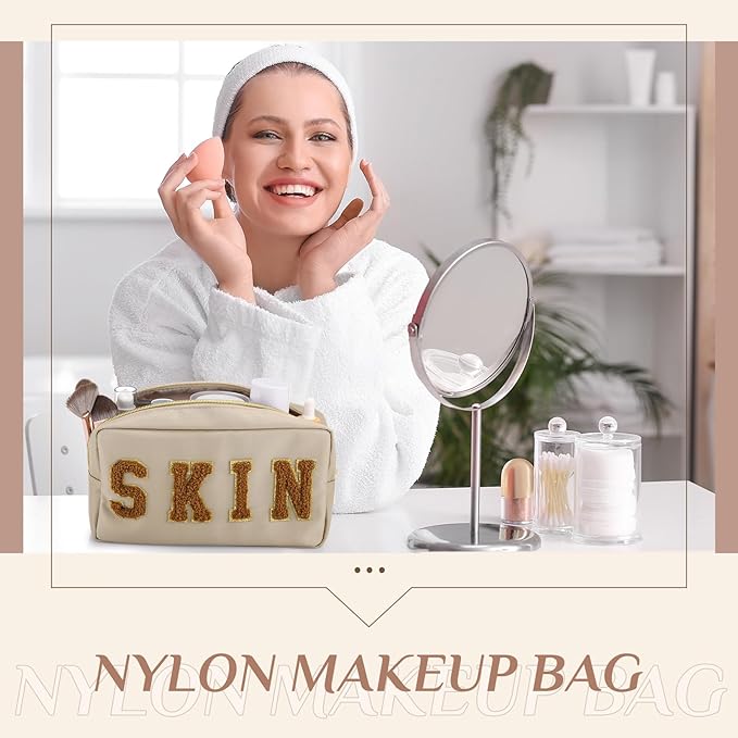 Cunno 4 Pcs Preppy Makeup Bags Chenille Letter Stuff Bag Nylon Cosmetic Pouch Cases with Zipper for Women Travel Toiletry