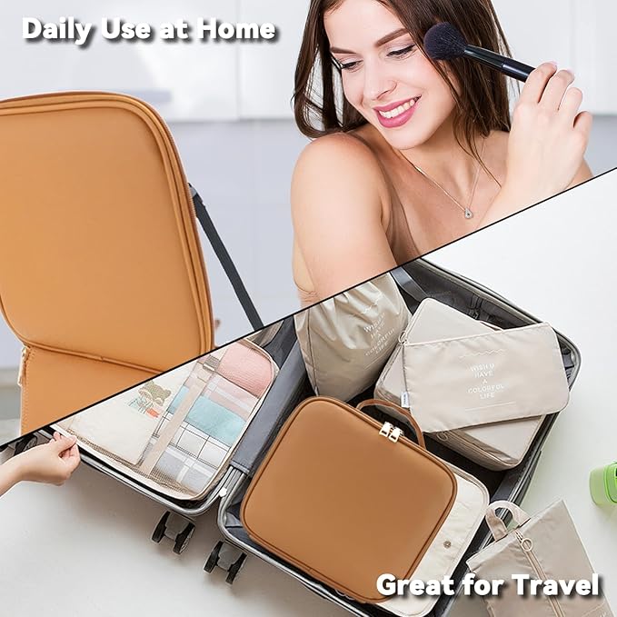 Travel Makeup Bag with LED Mirror and 10x magnifying glass with 3 Lighted Settings, Adjustable Dividers and Makeup Brush Storage Bag Caramel