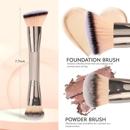 Dual-Ended Foundation Brush: Round & Angled Pro-Grade makeup brushes, 100% Vegan Synthetic Makeup Brush for Flawless Blending and Application of Liquid, Powder, Cream, Blush