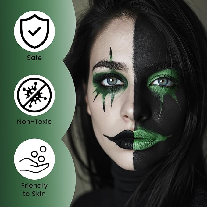 Green White Black Oil Based Face Paint Kit with Painting Brushes, Professional Greasepaint Halloween Face Painting Kit for Adult Cosplay Hulk Witch Shrek Grinch Makeup Costume Party