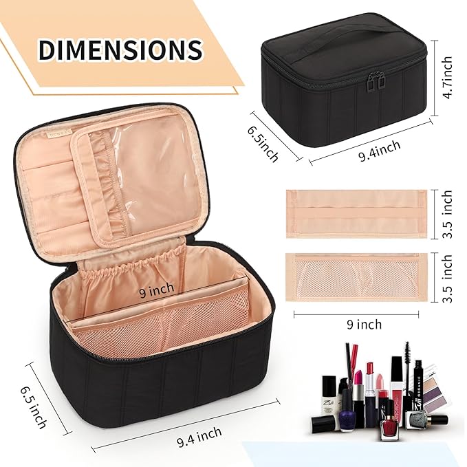 OCHEAL Black Makeup Bag - Portable and Spacious Cosmetic Organizer for Women's Travel with Handle, Divider, Large Capacity for Girls on the Go-Black