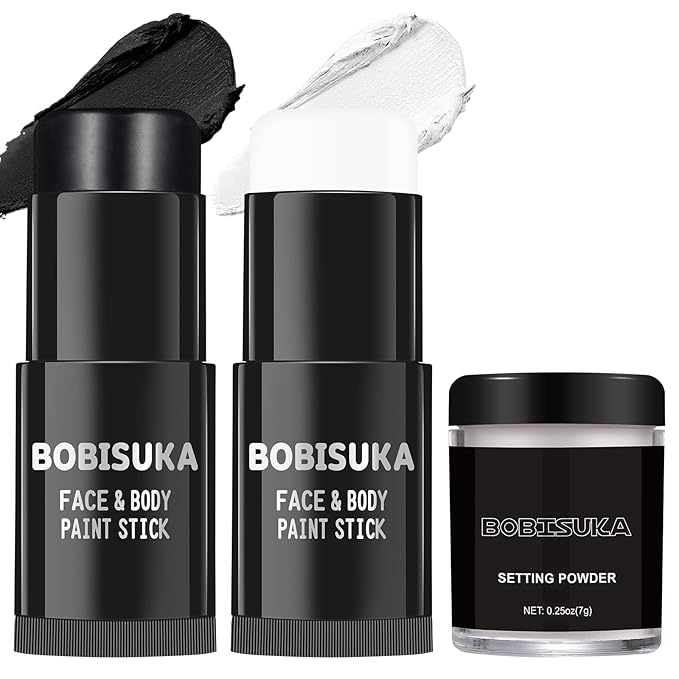 BOBISUKA Black White Face Paint Stick with Setting Powder Set, Eye Black Sticks for Sports, Body Paints for Clown Skeleton Vampire Skull Cosplay Special Effects Costume SFX Halloween Makeup Kit