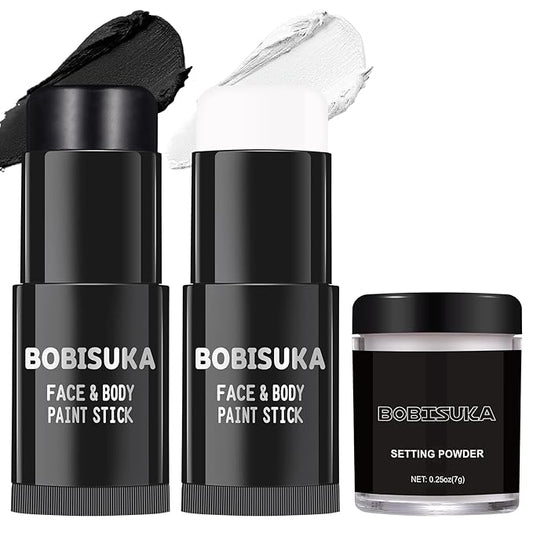 BOBISUKA Black White Face Paint Stick with Setting Powder Set, Eye Black Sticks for Sports, Body Paints for Clown Skeleton Vampire Skull Cosplay Special Effects Costume SFX Halloween Makeup Kit