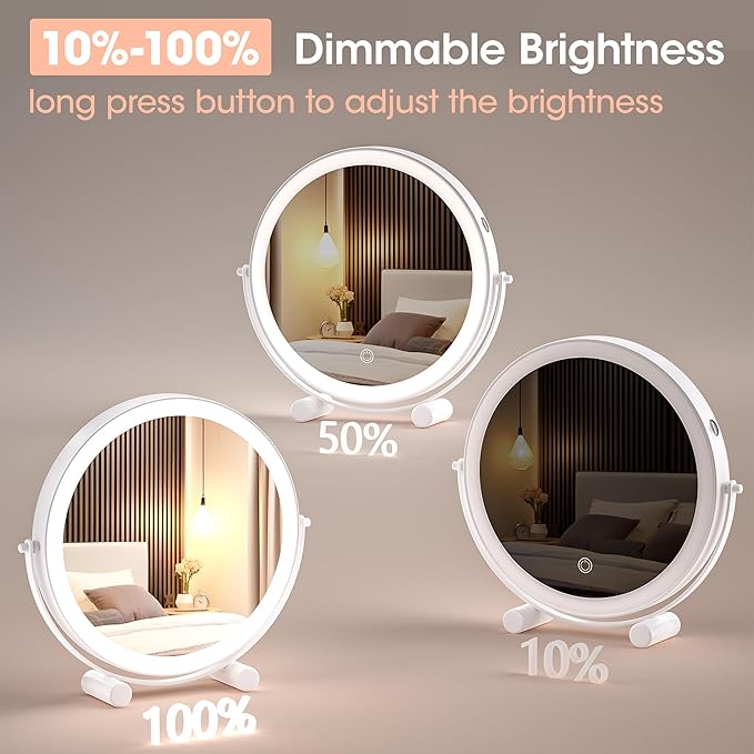 Hasipu 10-inch Lighted Makeup Mirror with 7X Magnification, White Frame Rechargeable 3000 mAh Vanity Mirror with Lights, Desk Mirror with Dimmable Brightness, 3 Lighting Modes