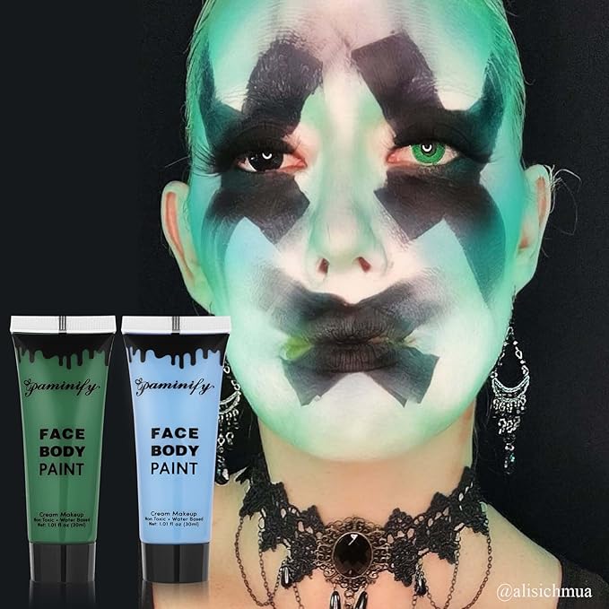 Black White Green Face Body Paint 1.01 oz/pc with 3 Sponges,Green Water Based Face Painting Cosplay Kit, Hunting Hulk Halloween SFX Witch Makeup Cream Face Paint,3 oz