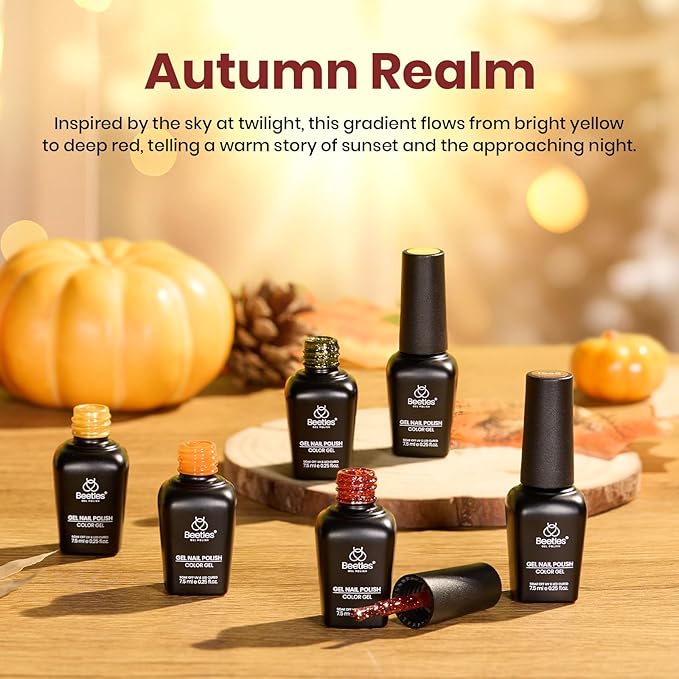 Beetles Fall Gel Polish Set - Autumn Realm Collection, Mustard Yellow Orange Burgundy Gel Polish Green Golden Glitter Nails Kit DIY Nail Art Gifts for Women