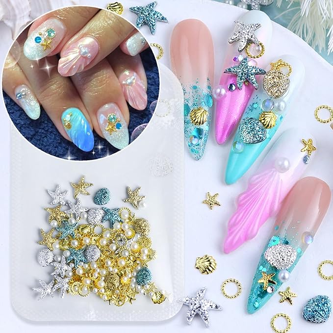 Summer Nail Art Rhinestones,Shiny Shell Starfish Nail Charms 3D Resin Nail Art Charms Metal Star Seashell Starfish Theme Summer Charms for Acrylic Nails Pearl for Women DIY Accessories Decor