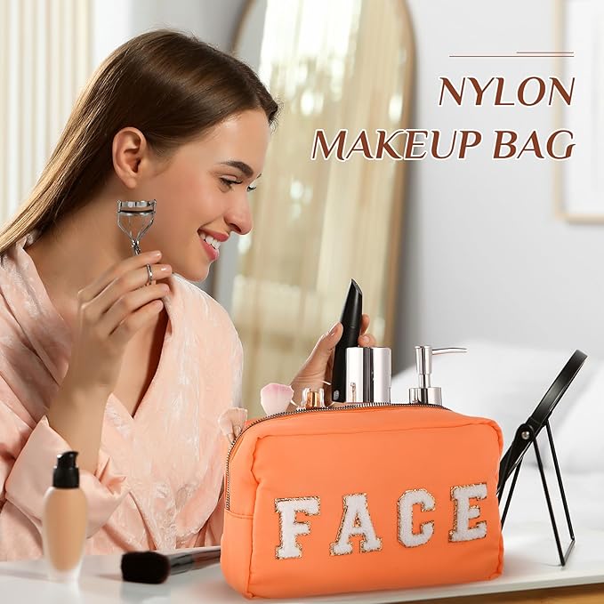 Cunno 4 Pcs Preppy Makeup Bags Chenille Letter Stuff Bag Nylon Cosmetic Pouch Cases with Zipper for Women Travel Toiletry