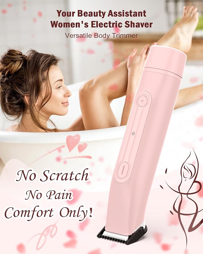 2 in 1 Women Electric Shaver - Dual Head Bikini Trimmer for Women Waterproof Wet & Dry Use Body Hair Trimmer and Facial Hair Remover, Painless Razors for Bikini Underarm Leg Arm Body Face, Pink