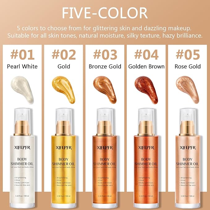 Body Shimmer Oil, Golden Brown Luminizer Face Highlighter Liquid Illuminator with Makeup Brush, Long Lasting Moisturizing Glitter Oil for Makeup