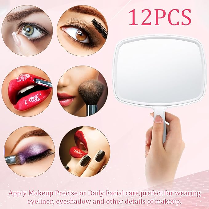 Geetery 12 Pcs Hand Mirror Handheld Makeup Mirrors with Handle Wall Mount for Cosmetic Bathroom Home Barber Salon Travel Portable Beauty School Gift for Women Student 6.69 x 9.45 Inch(White)
