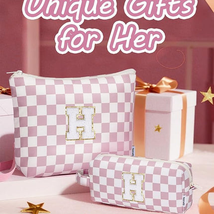 Narwey 2 PCS Valentines Day Gifts for Her Girlfriend Women Personalized Initial Makeup Bag, Teen Girls Gifts Trendy Stuff 10 11 12 14 13 15 16 Years Old, Travel Toiletry Bags Cosmetic Bag (H)