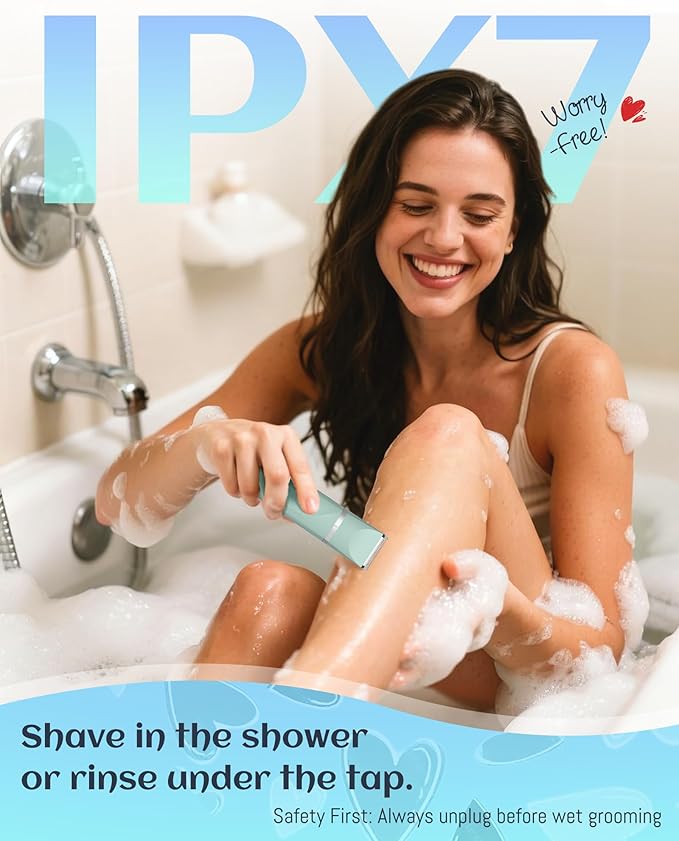 Waterproof Bikini Trimmer Women Electric Razor for Pubic Hair Women's Foil Shaver Rechargeable Shaver Removal with Snap-in Ceramic Blades IP7X Washable Head,Wet and Dry Use,Green