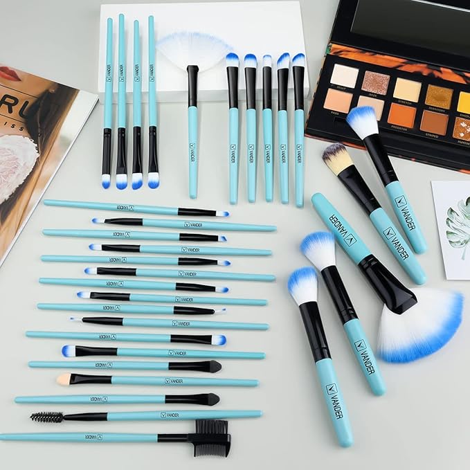 Vander Makeup Brush Set, 32Pcs Professional Premium Synthetic Makeup Brushes Set, Foundation Powder Concealers Eyeshadow Eyeliner Brush Travel Makeup Brush Set for Women, Girl (Blue)