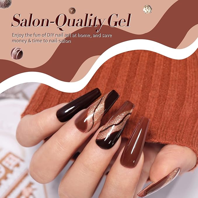 Born Pretty Fall Winter Gel Nail Polish Burgundy Wine Red Caramel Brown Coffee Autumn Gel Polish Set Gel Nail Kit Christmas Gift Nail Art Manicure Collection 6PCS 7ML