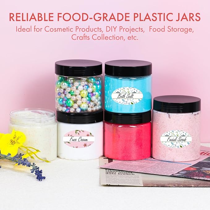 Empty 6 oz Small Containers with Lids & Labels - Refillable Plastic Jars with Lids - Sugars Scrub Jars/Slime Containers (6 fl.oz, 40Pack)