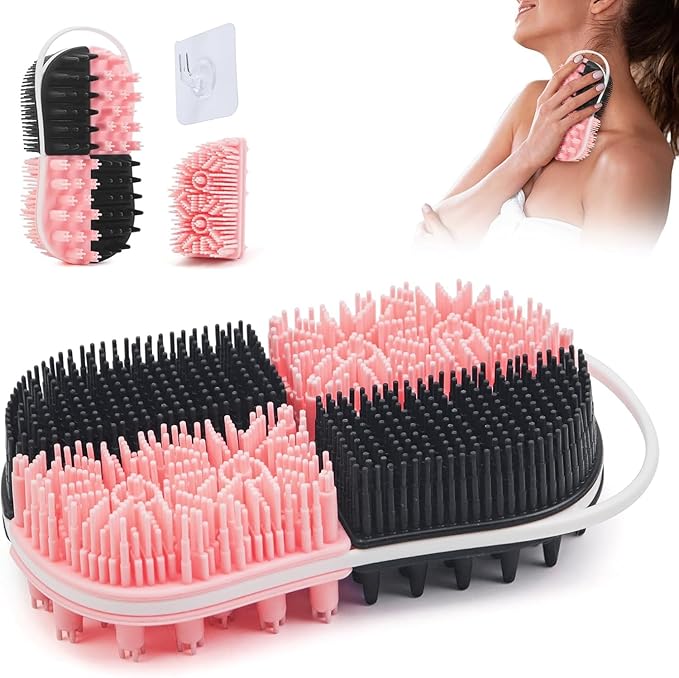 2 in 1 Silicone Body Hair Scrubber Upgraded Bristles Exfoliator Massage Shower Bathing Bath Women Brush Scrubbers for All Skin Body Wash (1pc Black + Pink)