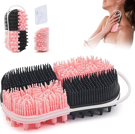 2 in 1 Silicone Body Hair Scrubber Upgraded Bristles Exfoliator Massage Shower Bathing Bath Women Brush Scrubbers for All Skin Body Wash (1pc Black + Pink)