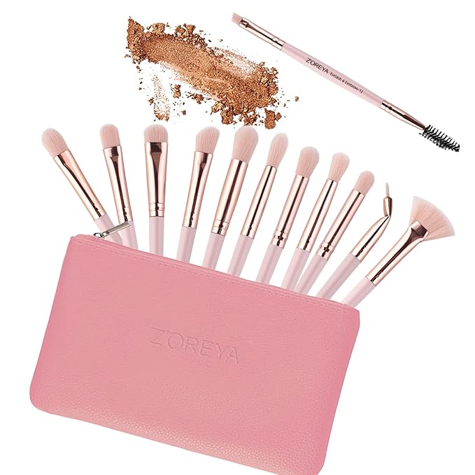 Z'OREYA Eye Makeup Brushes, 12 Pcs Professional Eye Brush Set Eyeshadow, Eyebrow, Blending, Fan, Eyelash Brushes Set With Carrying Bag (Pink)