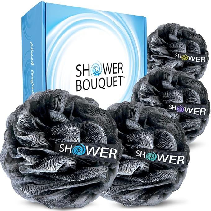 SHOWER BOUQUET Loofah-Charcoal Bath-Sponge-4-Pack // Extra-Large 75g Soft Mesh Black Loofa Lufa Loufa Luffa Puff Set/Exfoliating Body Scrubber for Women and Men - Exfoliate & Soothe Face & Body