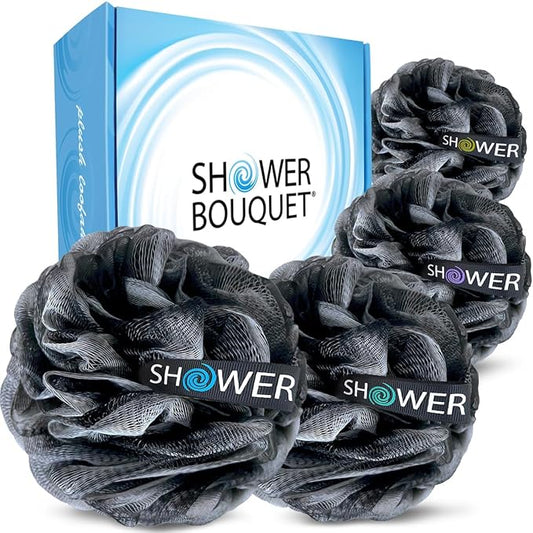 SHOWER BOUQUET Loofah-Charcoal Bath-Sponge-4-Pack // Extra-Large 75g Soft Mesh Black Loofa Lufa Loufa Luffa Puff Set/Exfoliating Body Scrubber for Women and Men - Exfoliate & Soothe Face & Body