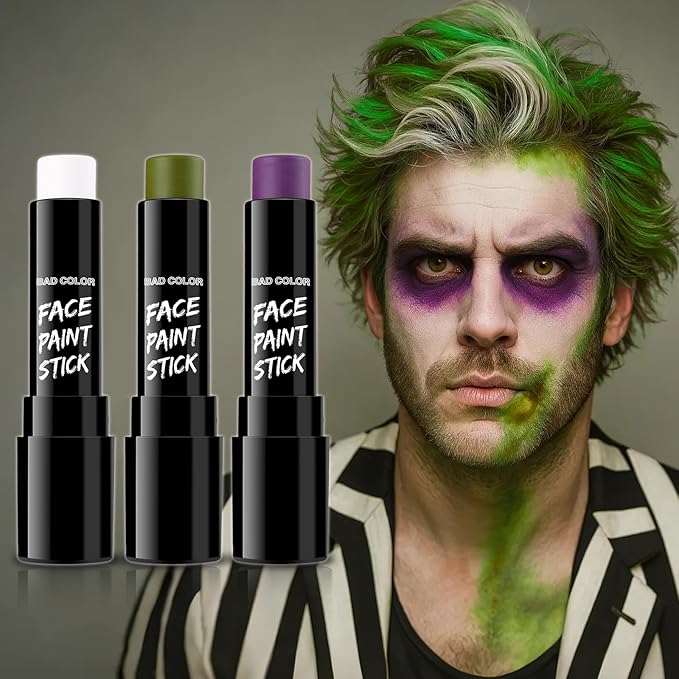 BAD COLOR 3PCS White Ogre Green Purple Face Body Paint Stick Makeup for Beetle-juice/ Frankenstein SFX Cosplay & Dress Up, Full-Coverage Halloween Facepaint Makeup Kit