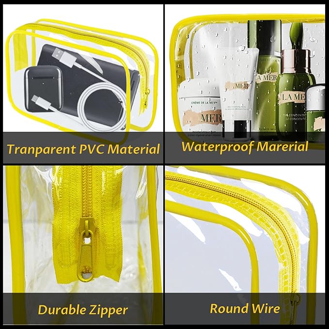 16 Pieces Clear Makeup Bag PVC Zippered Clear Toiletry Carry Pouch Portable Cosmetics Bag Waterproof Makeup Bag Vinyl Plastic Organizer Case for Travel Vacation Bathroom (Yellow-M)