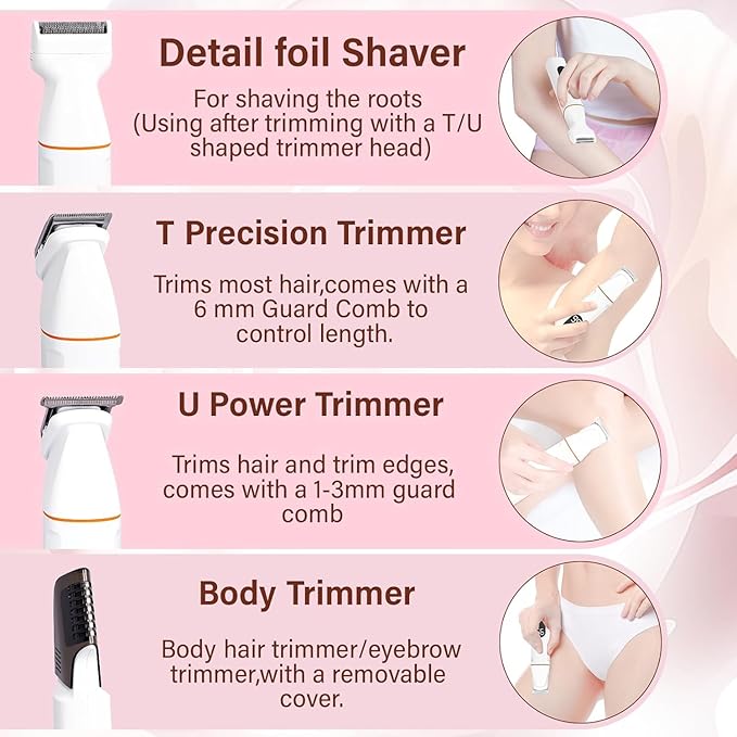 Bikini Trimmer for Women and Men,5-in-1 Wet/Dry Body Hair Trimmer,Gentle Hair Removal Shaver for Full Body Groomer,Electric Razor Shaver with USB Charge Dock-No Nick, No Cut, No Razor Burn,Brown-Gray