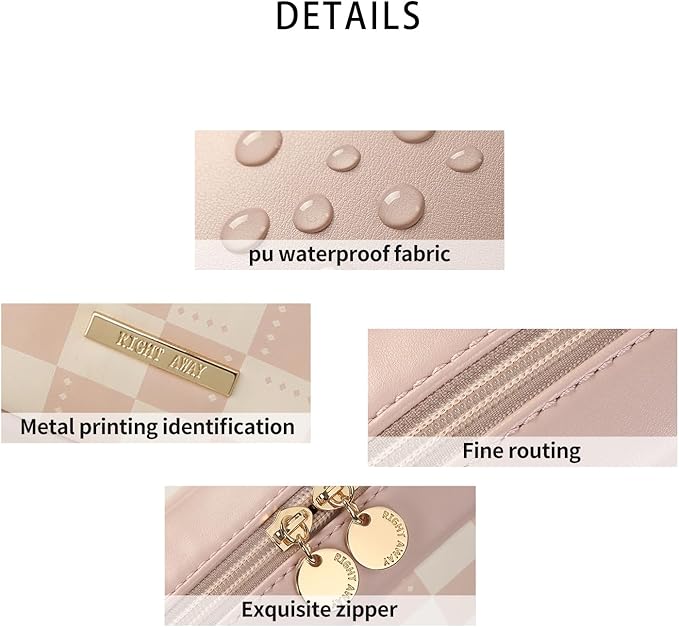 RIGHT AWAY Makeup Bag,Travel Cosmetic Bag Organizer with Zipper,Waterproof Toiletry Bags Makeup Pouch for Purse, Small Make Up Bag &Cases with Compartments for Women Girls（Pink Checkerboard）