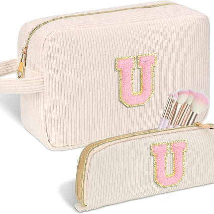 Personalized Initial Makeup Bag Trendy Stuff Corduroy Cosmetic Bag Travel Toiletry Bag, Valentine’s Day Gift Makeup Organizer Case & Makeup Pouch for Women Teen Girls Mom Girlfriend Wife