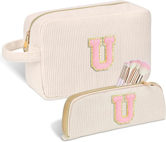Personalized Initial Makeup Bag Trendy Stuff Corduroy Cosmetic Bag Travel Toiletry Bag, Valentine’s Day Gift Makeup Organizer Case & Makeup Pouch for Women Teen Girls Mom Girlfriend Wife