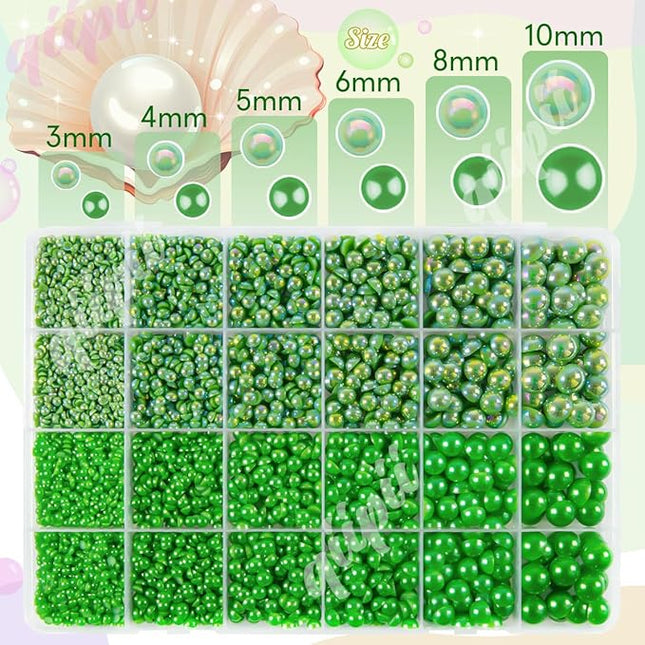 qiipii 2 Styles Solid Green+ Emerald Green AB Flatback Pearls for Bedazzling Crafting 3mm-10mm Dark Green Half Round Beads Gems Bedazzler Kit for Nails Face Eyes Makeup Tumblers Bottles Crafts Shoes﻿