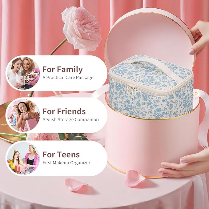 OCHEAL Travel Makeup Bag, Cosmetic Bags for Women Makeup Case Organizer Large Capacity Travel Toiletry Bag Storage Bags with Divider and Handle for Cosmetics Toiletries Brushes Tools-Blue Floral