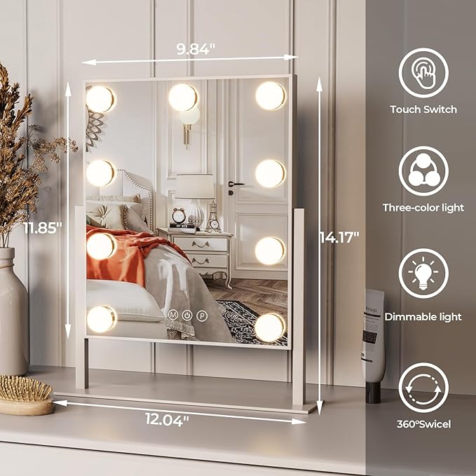 ZL ZELing Vanity Mirror with Lights,Makeup Mirror with Lights,10X Magnification,Light up Mirrors with Smart Touch 3 Colors Dimmable,Mirror with Lights with 360° Rotation