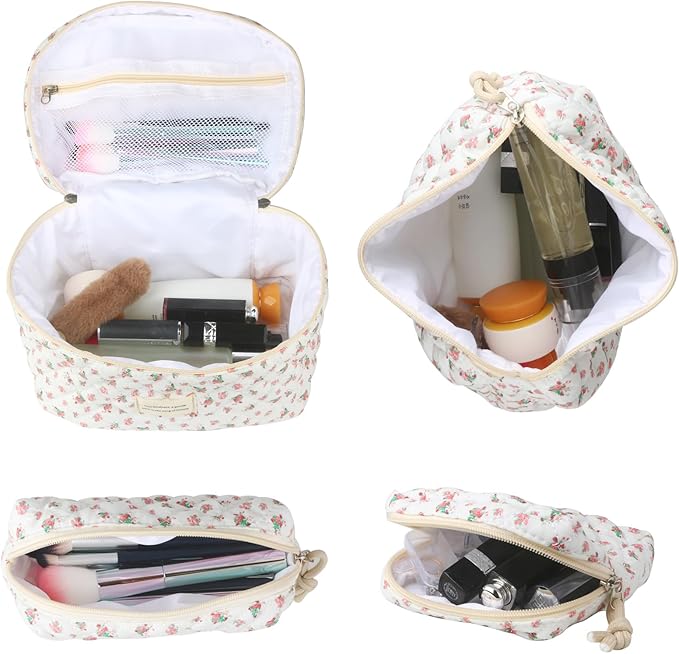 VIWIME Makeup Cosmetic Bag, Large Cotton Quilted Travel Coquette Aesthetic Cute Floral Make up Bag for Women Toiletry Bag Organizer(Red Rose/4Pcs)