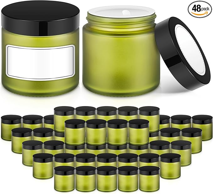 2 oz Small Glass Jars with Lids, Bumobum 48 pack Round Green Glass Candle Jars with Black Lids, White Labels & Inner Liners, Empty Cosmetic Containers for Cream, Lotion, Slime, Ointment