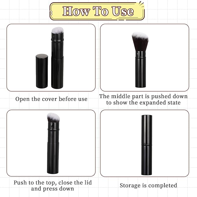 Retractable Makeup Brush, 2 Pcs Portable Kabuki Brush Travel Powder Foundation Brush with Cover Face Blush Brushes Makeup Tools for Blush, Bronzer, Buffing, Loose Powder, Liquid, Cream, Sunscreen
