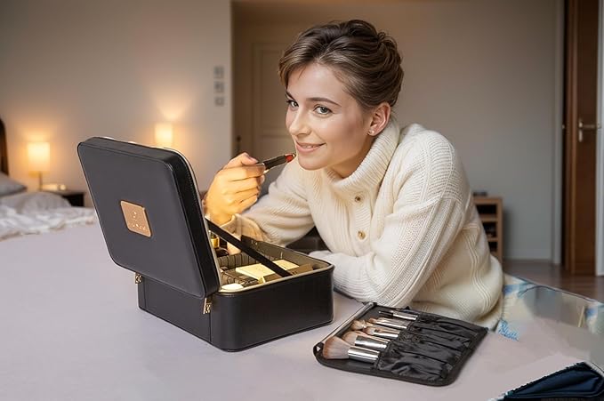 Travle Makeup Bag with LED Mirror, Portable Makeup Artist Organizer Case with Lighted Mirror, Makeup Bag with Adjustable Dividers, Cosmetic Brush Storage Box for Women Gift