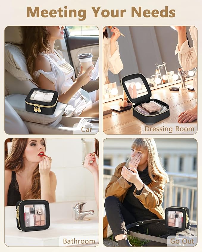 Clear Makeup Bag, Portable Travel Cosmetic Bags, Multipurpose Leather Toiletry Bag with Zipper, Waterproof Transparent Cosmetic Organizer for Women, Mini, Black