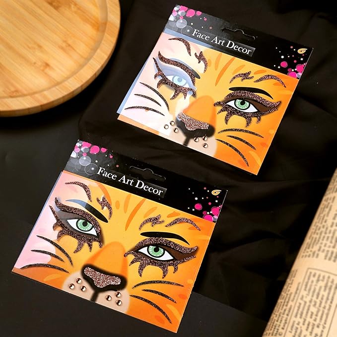 Face Stickers Gems Halloween Temporary Tattoo Sticker Animals Face Sticker Decal Body Face Self-adhesive Sticker Stage Makeup Party Cosplay Decoration 2pcs (lion)