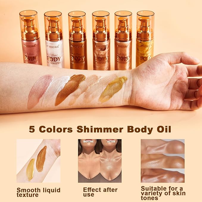 PHOERA Body Shimmer Oil, Bronzer Body Glow Highlighter Luminize with Makup Bursh,Self Tanning Lotion,1oz/Jars (101 Rose Gold)