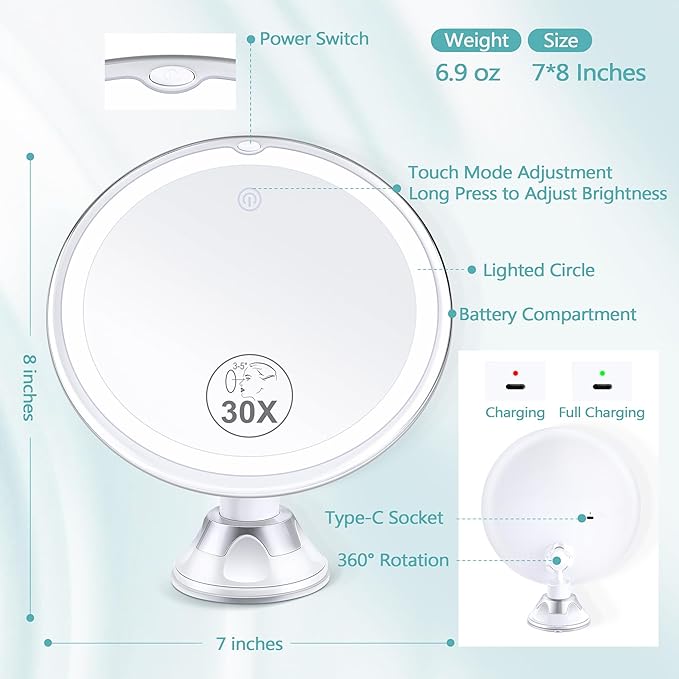 Lighted Makeup Mirror with 30X Magnification, 30X Magnifying Mirror Suction Cup with Light, 3 Color Modes and Adjustable Brightness, 360°Swivel Magnifying Mirrors with Light for Vanity 1500mAh