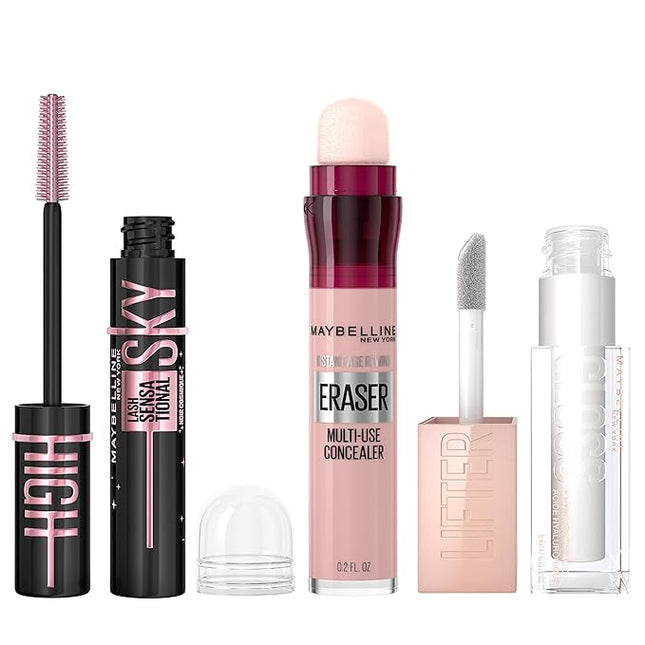 Maybelline Lash Sensational Sky High Washable Mascara, Cosmic Black + Instant Age Rewind Eraser Dark Circles Treatment Multi-Use Concealer, 160+ Lifter Gloss, Pearl, Silver Pearl Clear Bundle