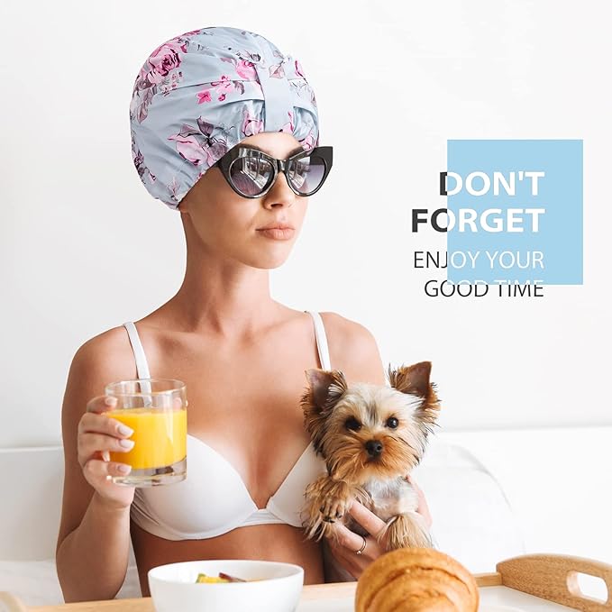 INNELO Luxury Shower Cap for Women Reusable Waterproof, Double Layered Shower Hair Cap with Adjustable Elastic Strap, Large Satin Lined Shower Bath Cap for Long Curly Straight Hair, Blue-Flower