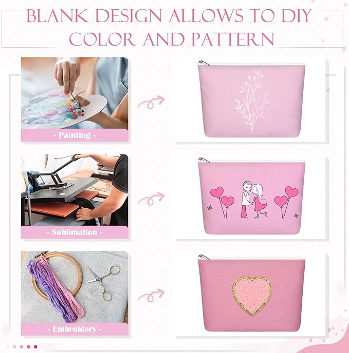 Reginary 10 Pcs Canvas Makeup Bags Bulk for Women Blank DIY Pencil Pouch Travel Toiletry Cosmetics Bags Gift for Christmas Breast Cancer Awareness Thanksgiving Wedding Nurses Teacher(Pink)