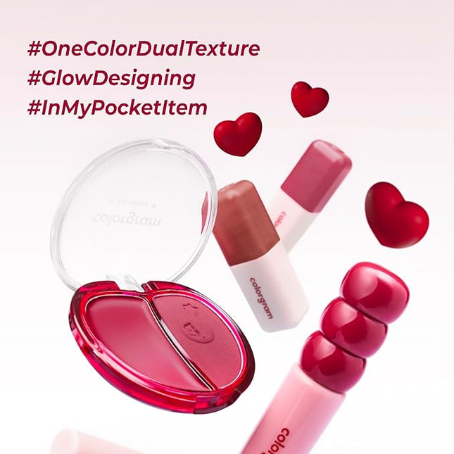 COLORGRAM TINTIN DORY DUO BLUSHER 05 RED HEART DUO | Dual Texture Cream & Powder Blush in One | Natural Flush to Matte Finish Cheek Color | Buildable, Compact Korean Blush for Daily Makeup